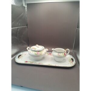 Vintage Nippon Handpainted Floral & Gold Tea Tray Cream & Lidded Sugar Set GUC